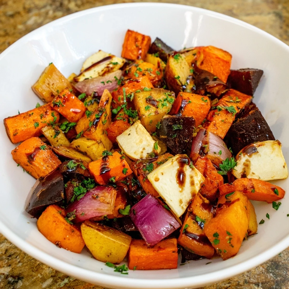 Savory Roasted Root Vegetable Medley with an inviting balsamic drizzle, perfect for a cozy dinner.