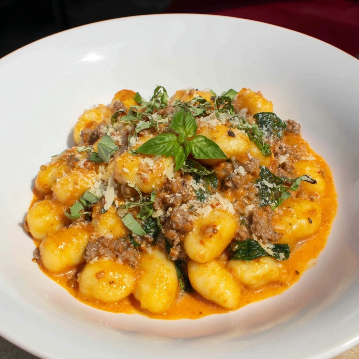 A warm bowl of creamy tomato and sausage gnocchi, ready to be enjoyed as a comforting meal.
