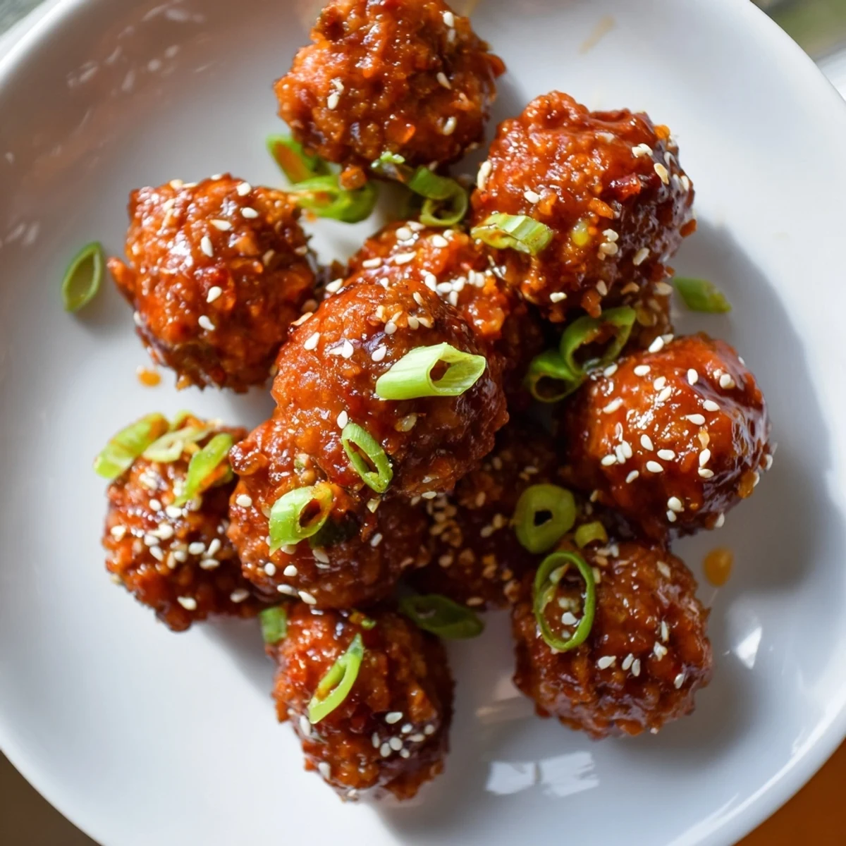Golden brown Spicy Sriracha Honey Meatballs glistening in a sweet and spicy glaze ready to eat.