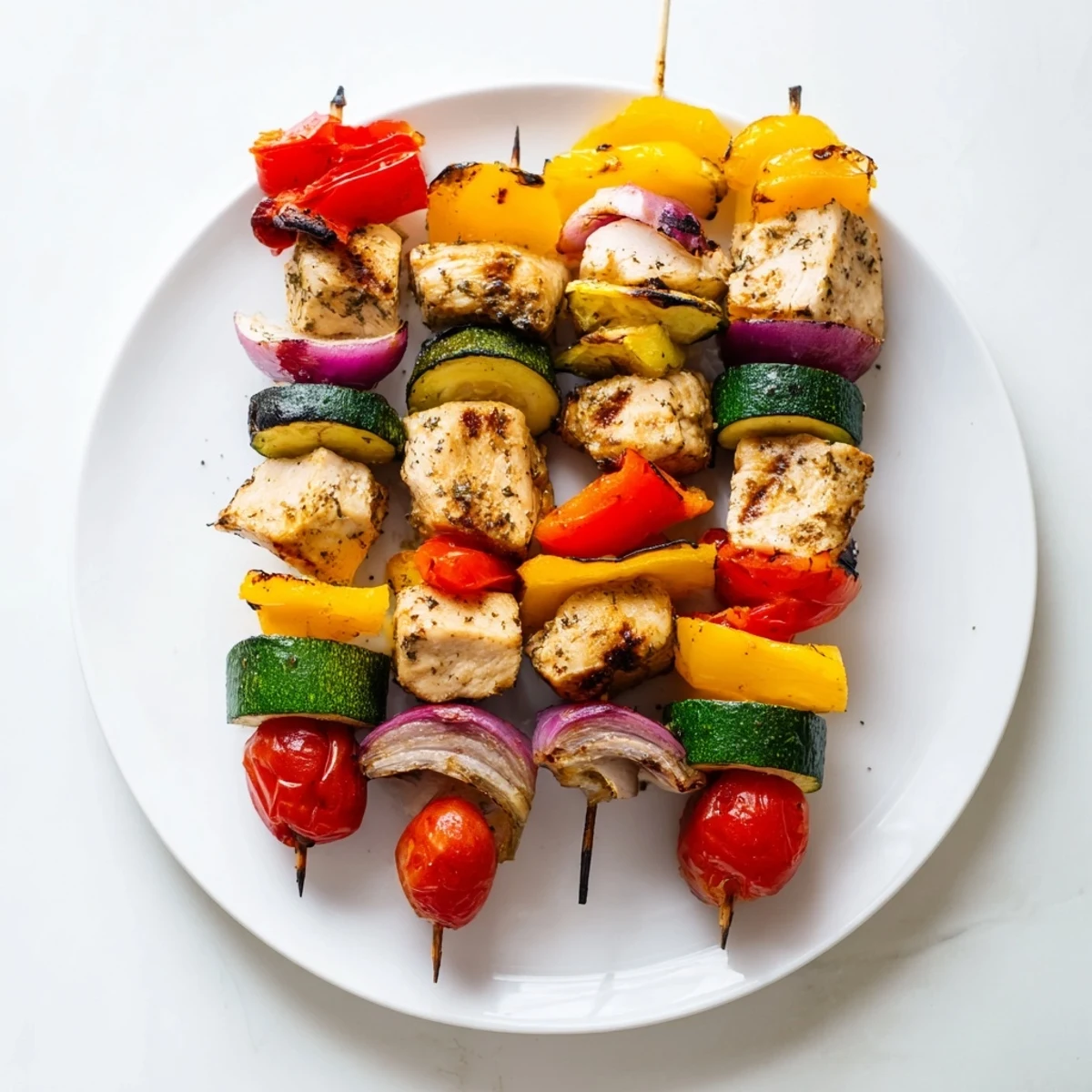 Skilfully grilled Chicken and Veggie Skewers bursting with colorful bell peppers, tender chicken, and fresh tomatoes.