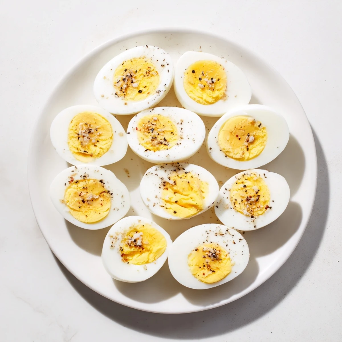 Perfect hard-boiled eggs with bright yellow yolks, ready for deviled eggs, featured on a plate.