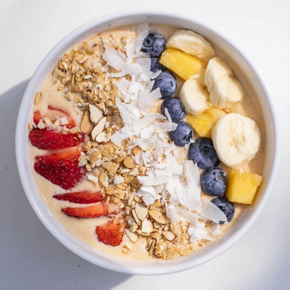 Breakfast Smoothie Packs in colorful bowls, topped with granola and fruit, ready to enjoy.