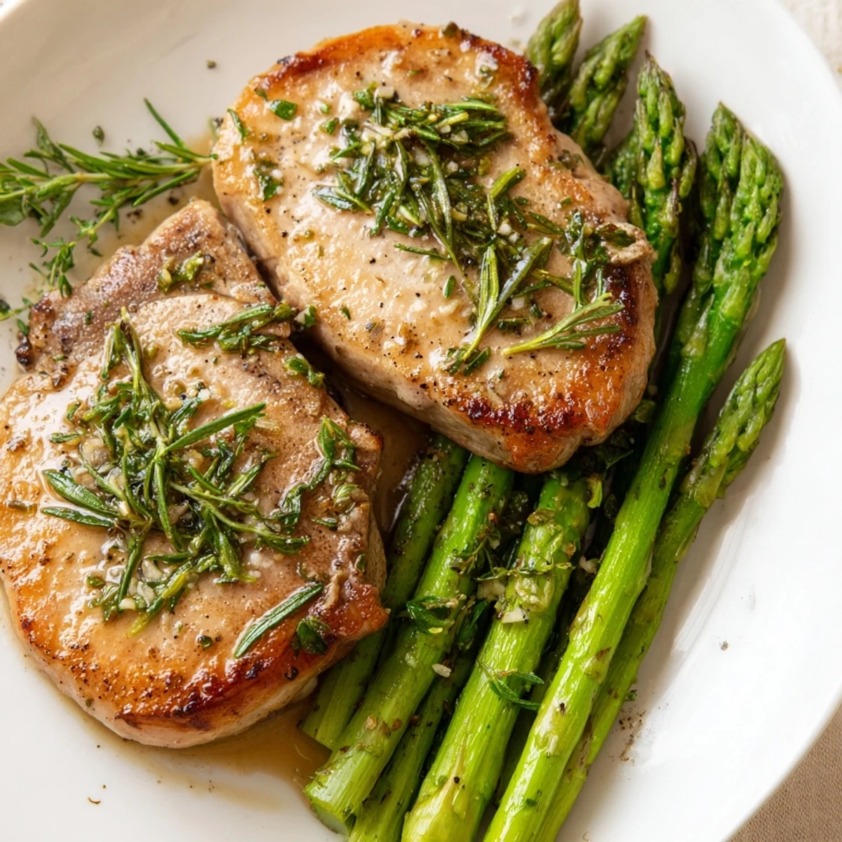 One-Pan Lemon Herb Pork Chops with asparagus, glistening and golden, ready for a flavorful bite.