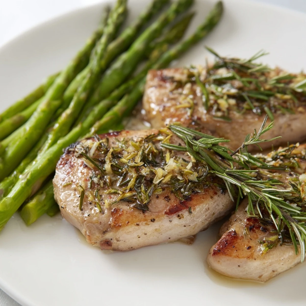 Juicy One-Pan Lemon Herb Pork Chops, beautifully seared, nestled with tender asparagus after roasting.