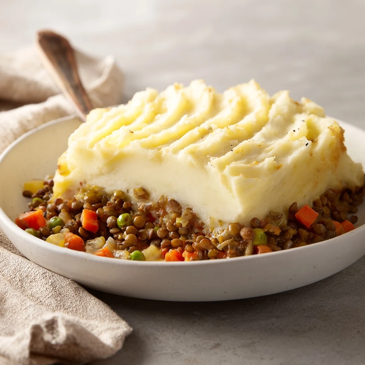 Steaming hot, golden-topped Hearty Lentil Shepherds Pie, perfect for a cozy weekend dinner.