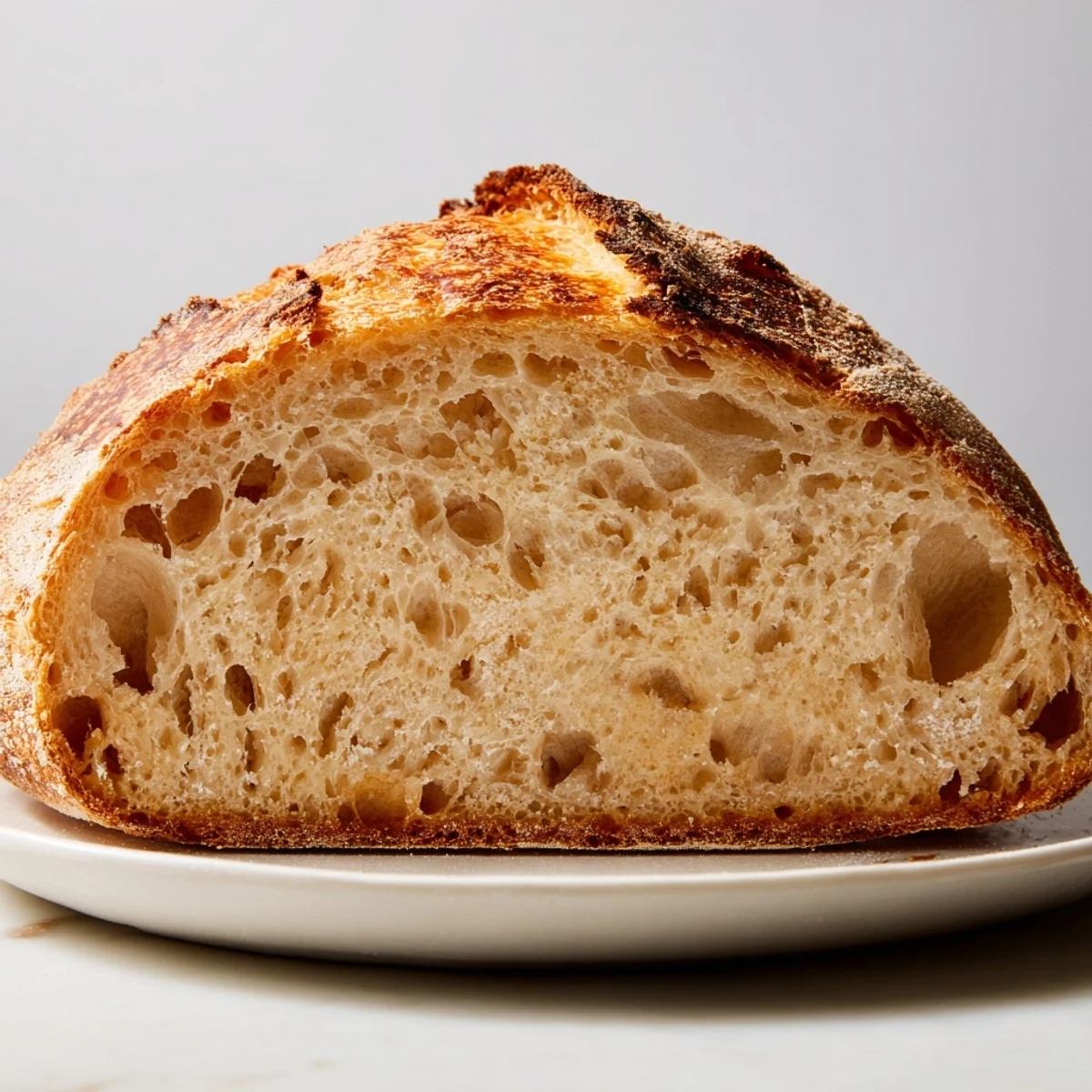 Golden, crusty loaf of The Best Easy No-Knead Bread, freshly baked, ready to slice, and enjoy.