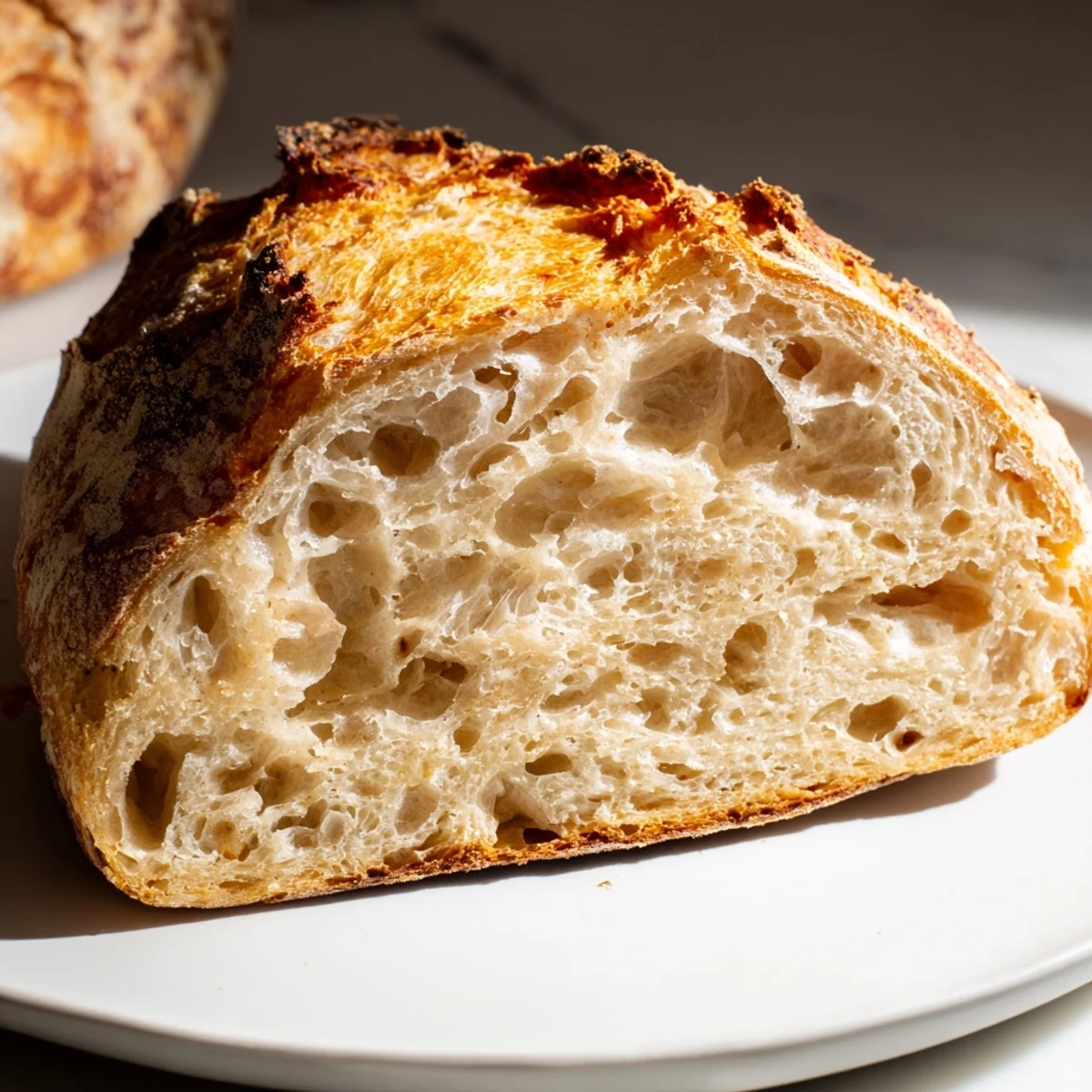 A close-up view of airy, artisan The Best Easy No-Knead Bread with a wonderfully crisp crust.