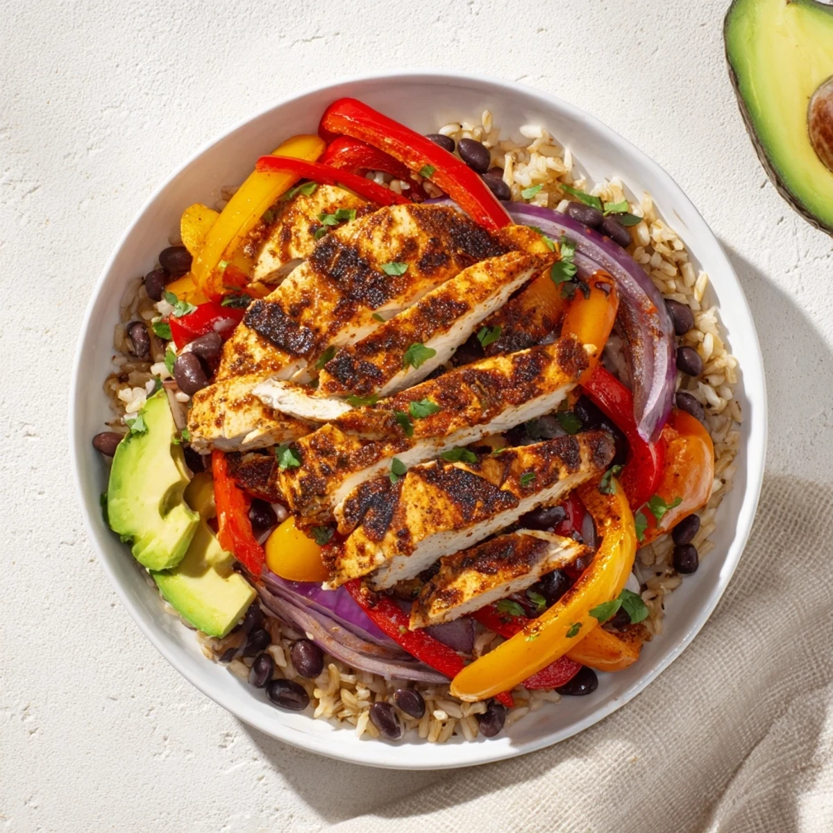 Make-Ahead Chicken Fajita Meal Prep Bowls feature tender chicken, colorful peppers, and rice—ideal for lunch.