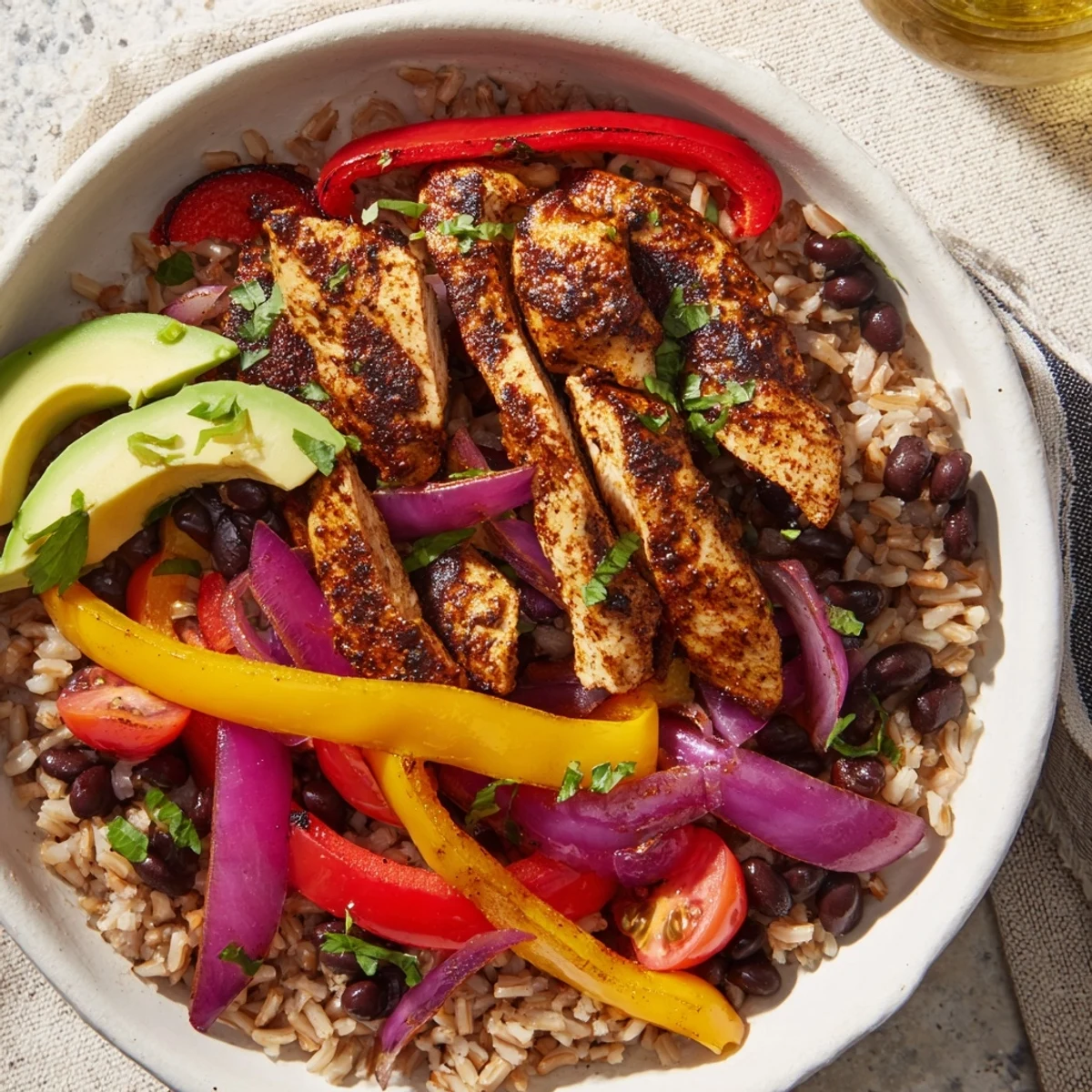 These portable Make-Ahead Chicken Fajita Meal Prep Bowls show off a vibrant mix of healthy, flavorful ingredients.