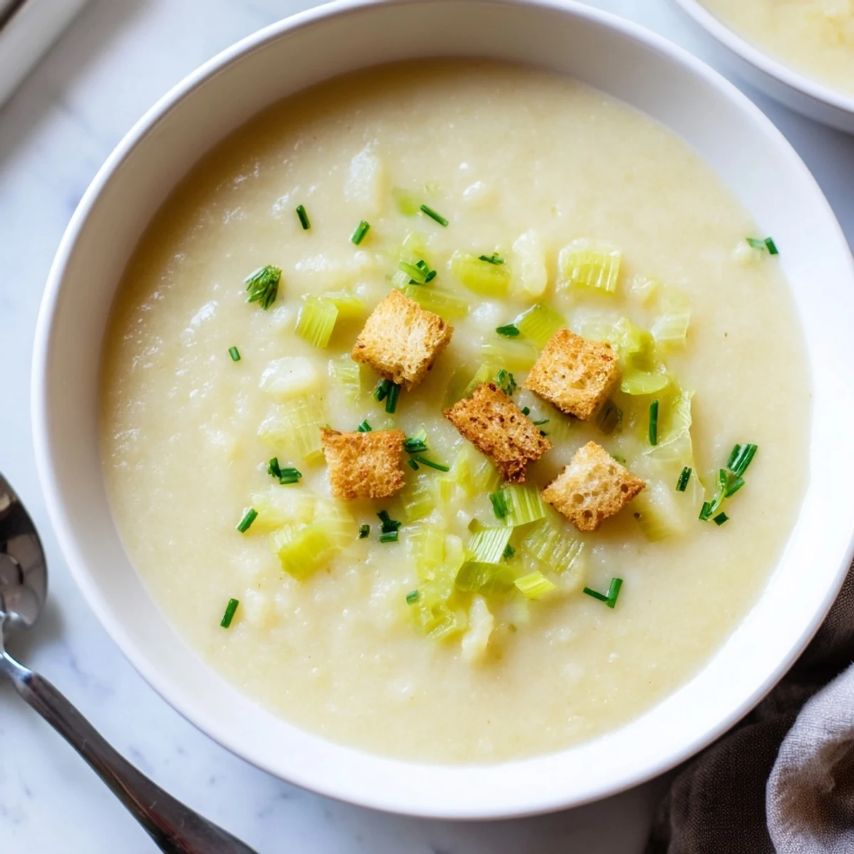 Warm & creamy potato and leek soup, a comforting blend of savory flavors, ready to enjoy.