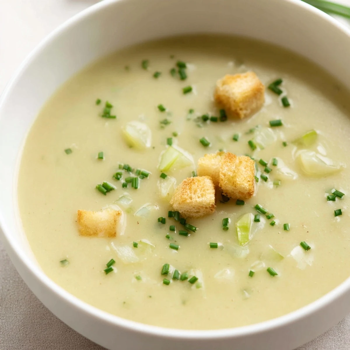 A steaming bowl of quick potato and leek soup, garnished with green herbs, looks delicious.