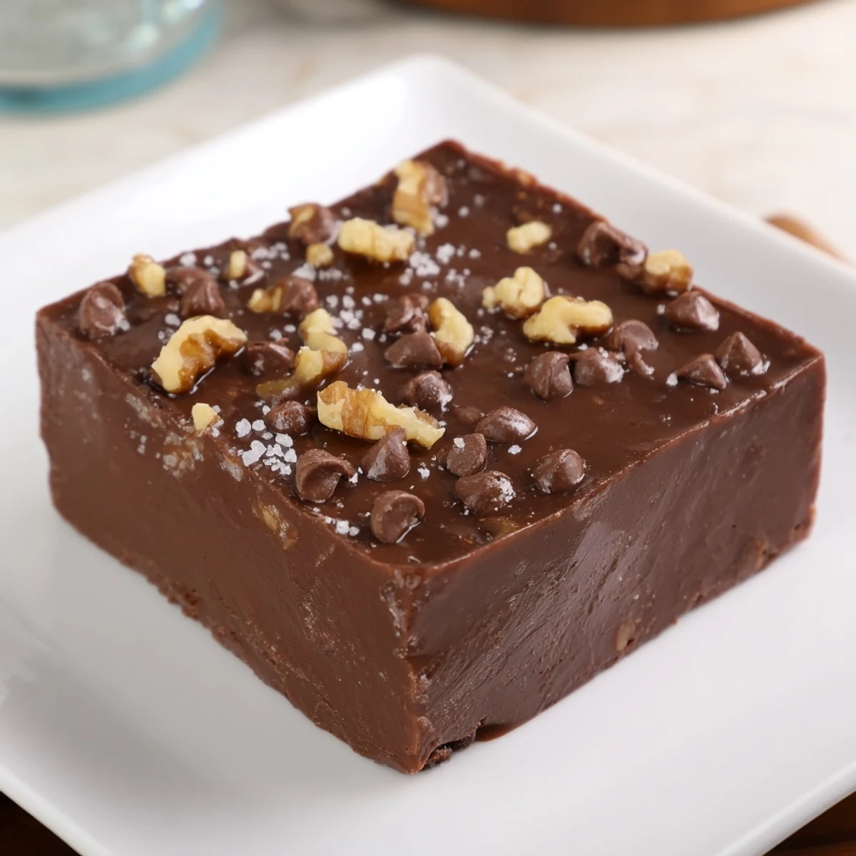 Creamy, easy chocolate fudge, glistening with a sprinkle of sea salt, ready to be cut and enjoyed.