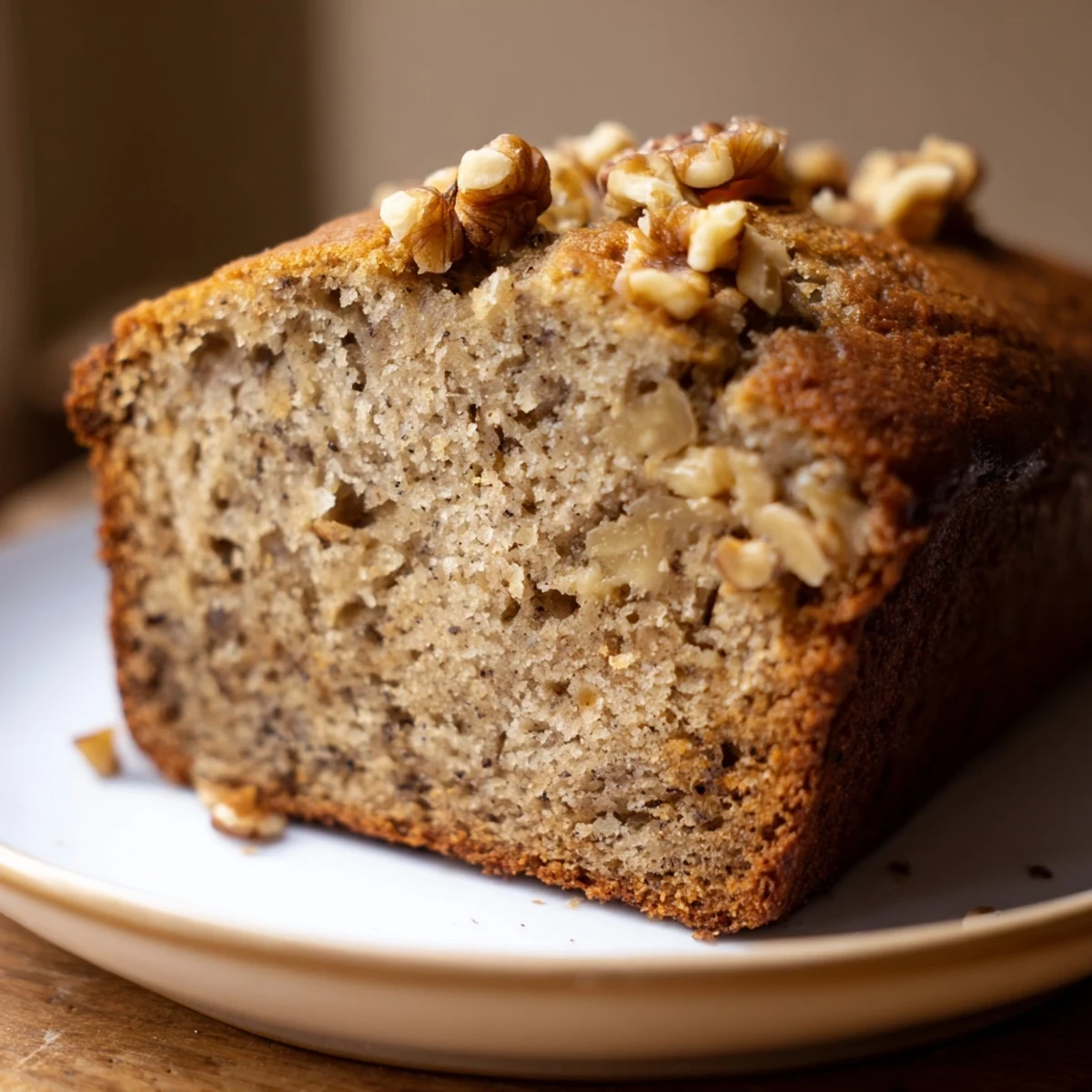 Warm, golden Simple Banana Bread loaf, with a perfect crack on top, ready to slice.
