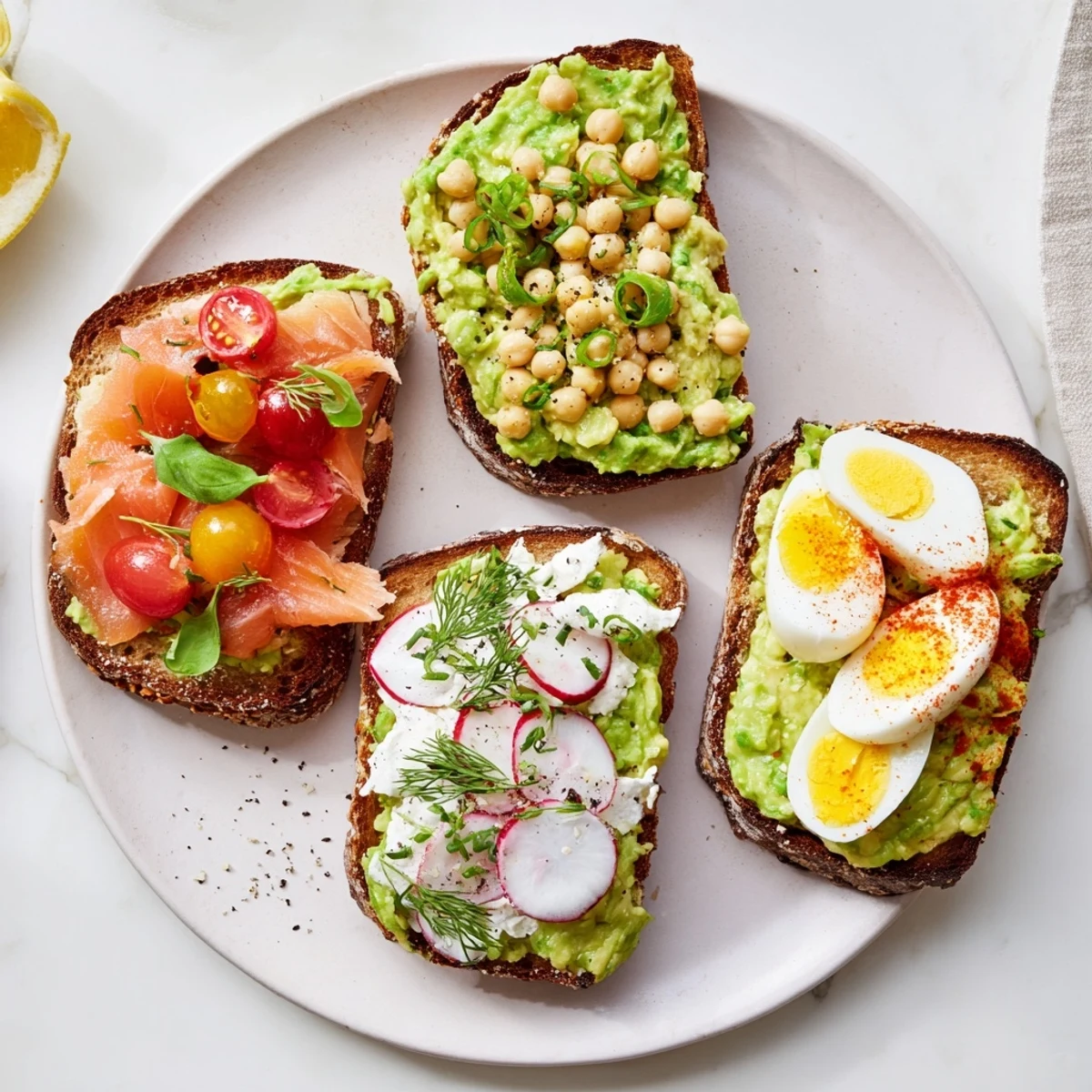 Four vibrant variations of avocado toast, each topped with delicious, fresh ingredients.