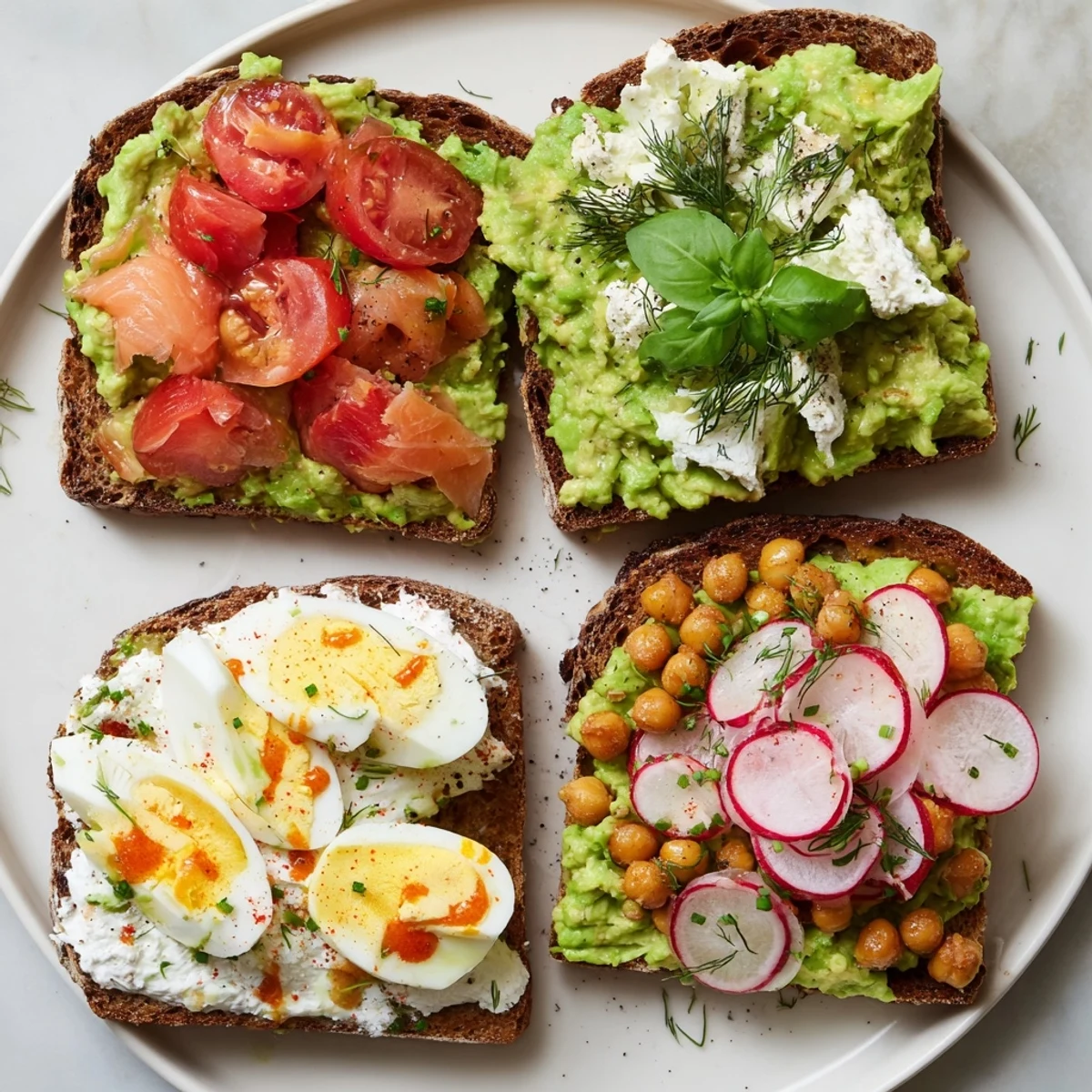 Golden, toasted bread piled high with avocado, alongside toppings for creative avocado toast.