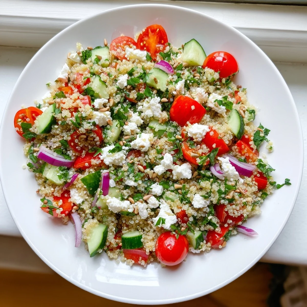 Vibrant Make-Ahead Quinoa Salad with Lemon Vinaigrette showcases fresh veggies tossed in bright, zesty dressing.