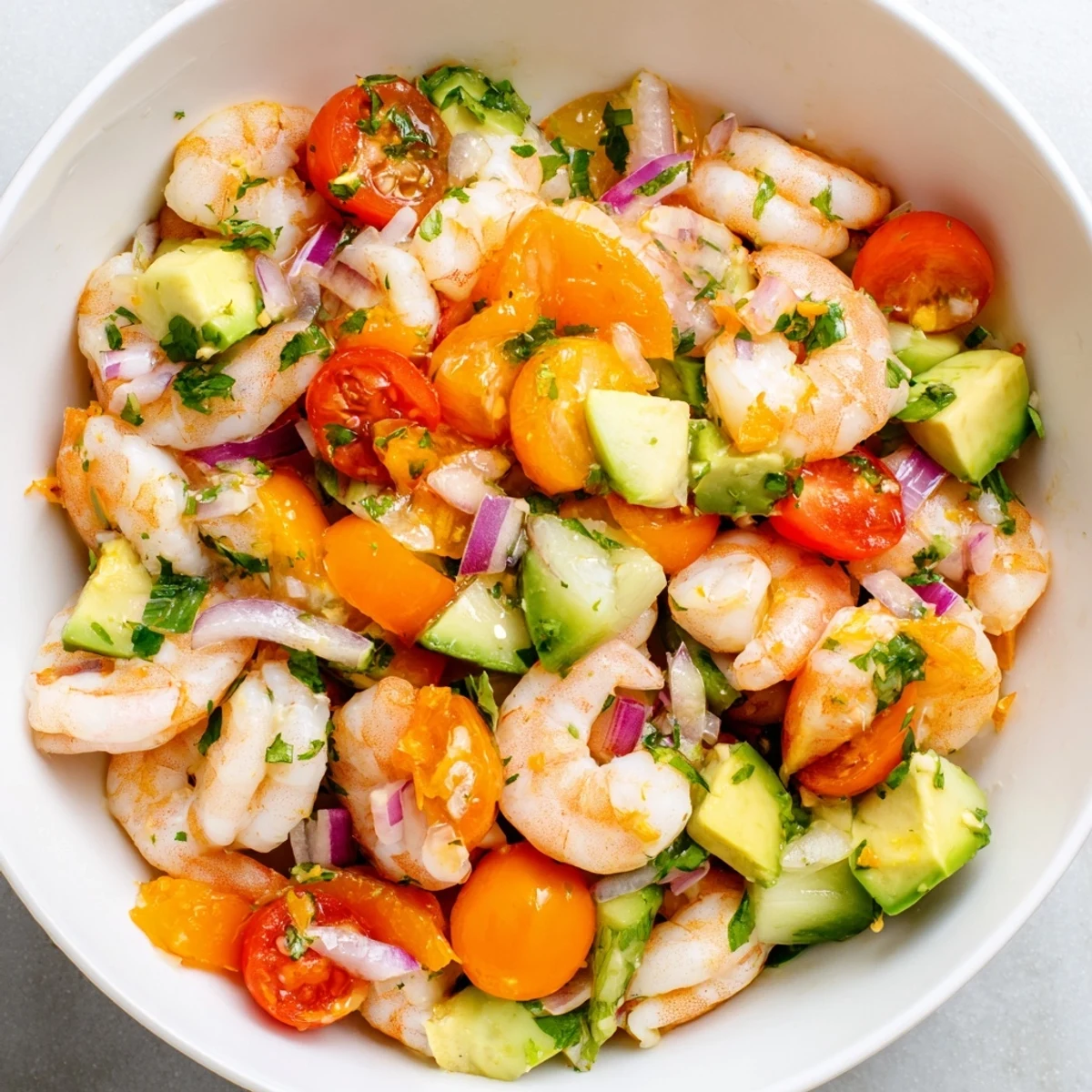 Light & Fresh Shrimp Ceviche with bright citrus colors, diced vegetables, and cool, tender shrimp.