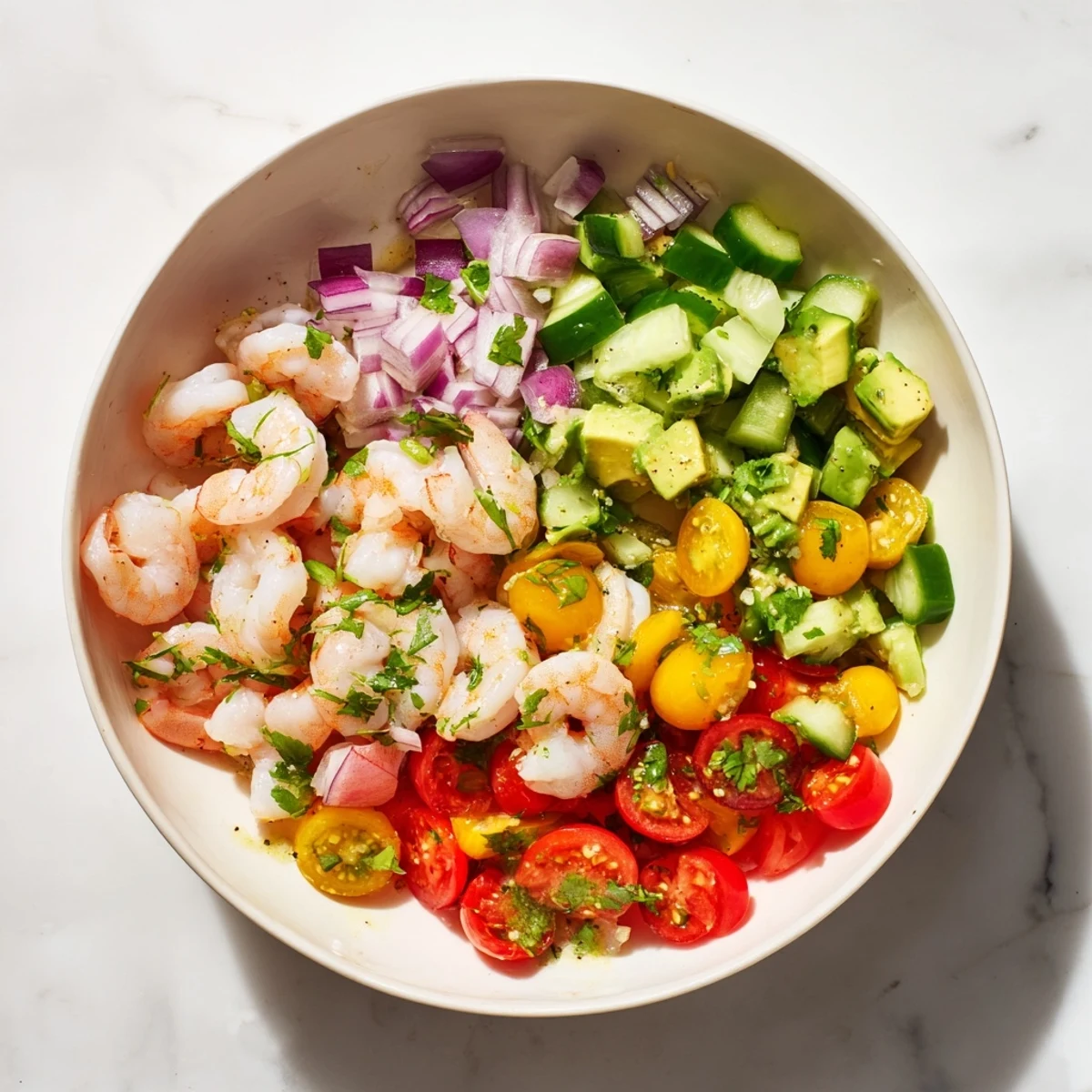 Tangy Light & Fresh Shrimp Ceviche in a bowl, with cilantro garnish and ready for dipping chips.