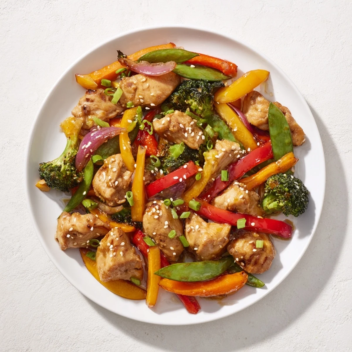 Sheet Pan Chicken Stir-Fry with tender chicken, colorful vegetables, and a glossy, savory sauce.