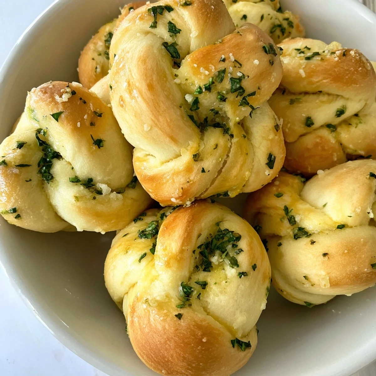 Golden-brown Homemade Garlic Knots, brushed with garlicky butter, perfect for a cozy snack.