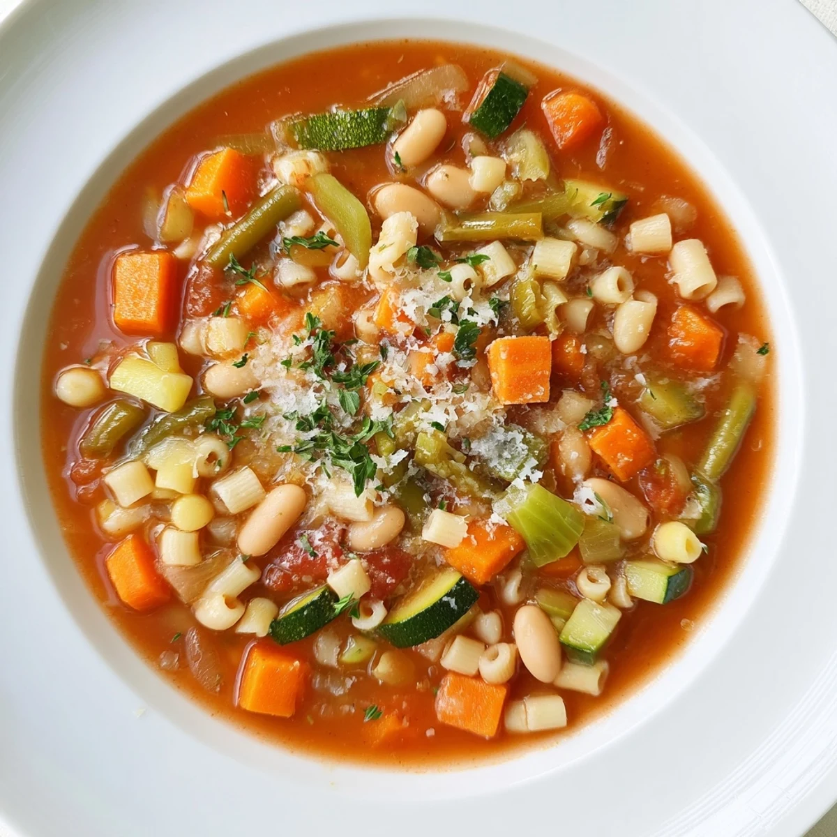 Steaming bowl of Simple One-Pot Minestrone Soup, ready to serve with fragrant herbs and creamy Parmesan.