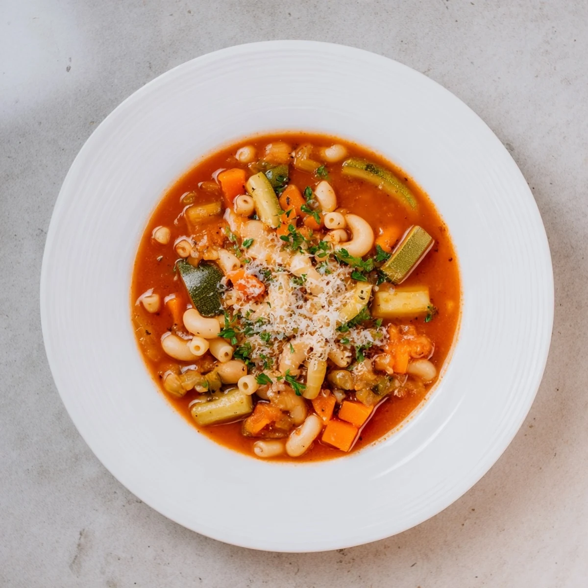 A rustic, single-pot Simple One-Pot Minestrone Soup showcasing tender vegetables and small pasta shapes.