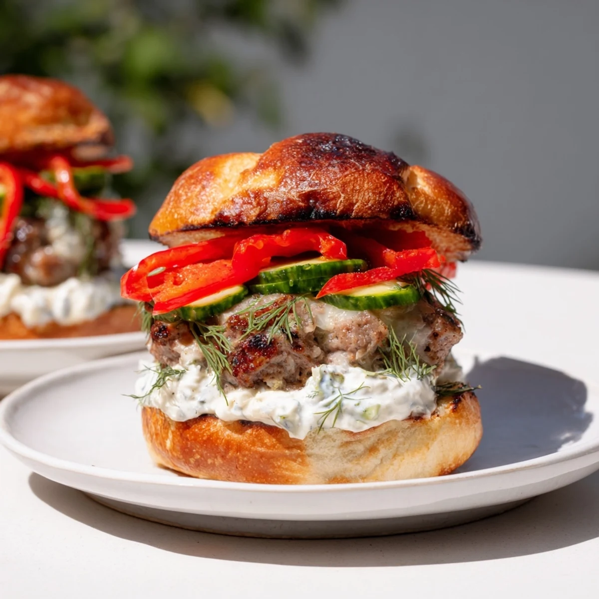 A juicy Fire & Ice Burger, overflowing with melted cheese and fresh, crunchy toppings.