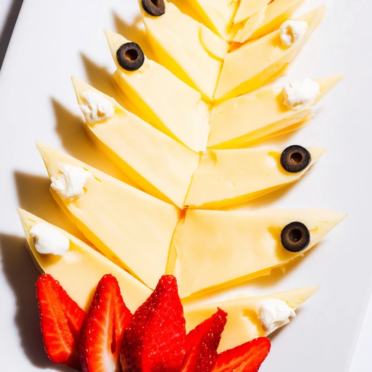 A Retro Rocket snack platter boasts cheddar cheese and strawberry flames, ready to enjoy.