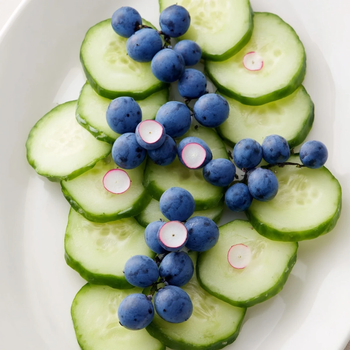 A Peacock Tail appetizer, boasting vibrant cucumbers and grapes, shows off radish eye spots.