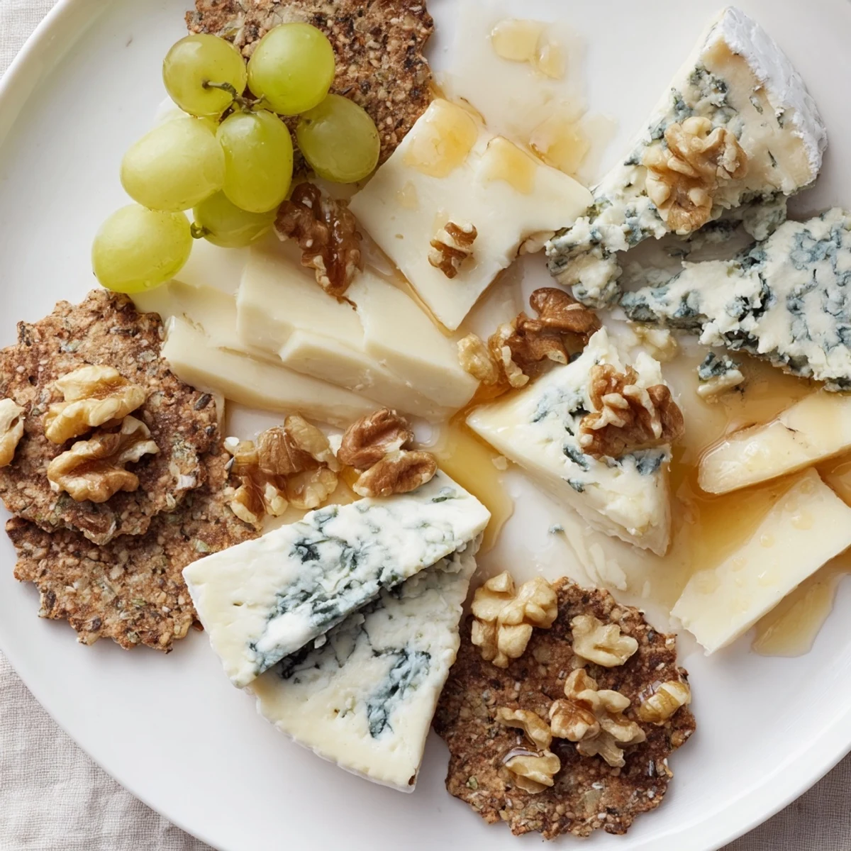 A visually stunning image of The Blue Ridge Mountains cheese platter, ready to serve with crackers and grapes.