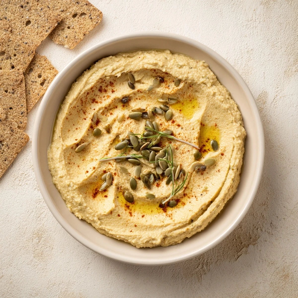 Sandstone Canyon appetizer: creamy hummus layers with beige crackers, perfect Mediterranean party food, ready to enjoy.