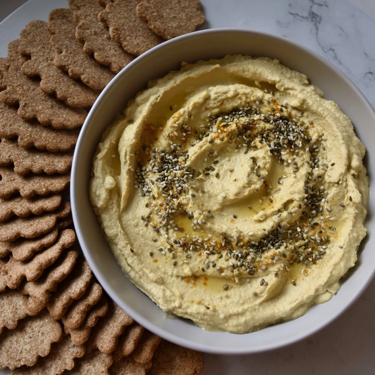 Mediterranean Sandstone Canyon: A layered hummus and cracker arrangement with parsley and sesame, ideal as a flavorful vegan appetizer.