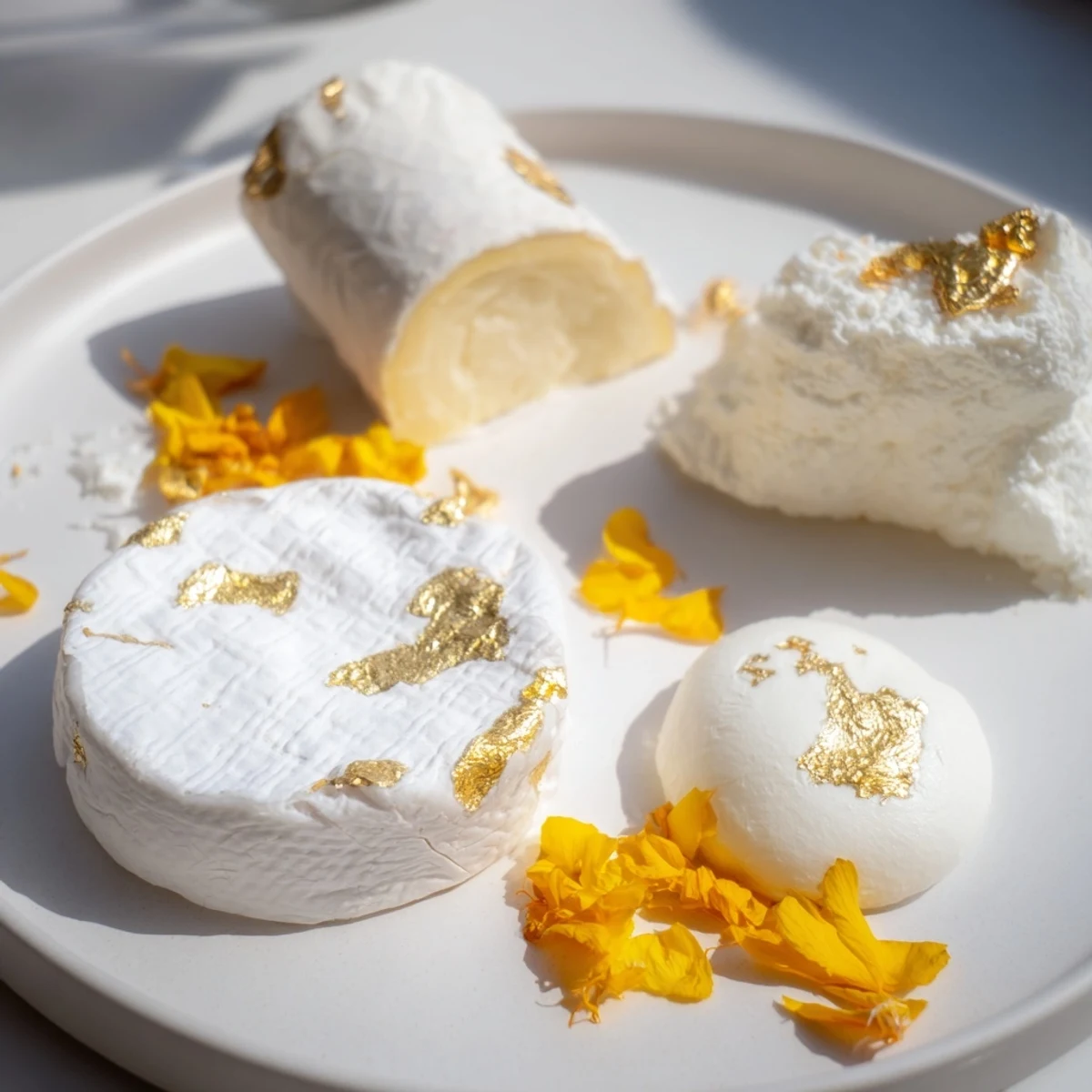 Imagine The Gilded Lily appetizer: cheeses glistening with gold and vibrant yellow flower petals for serving.