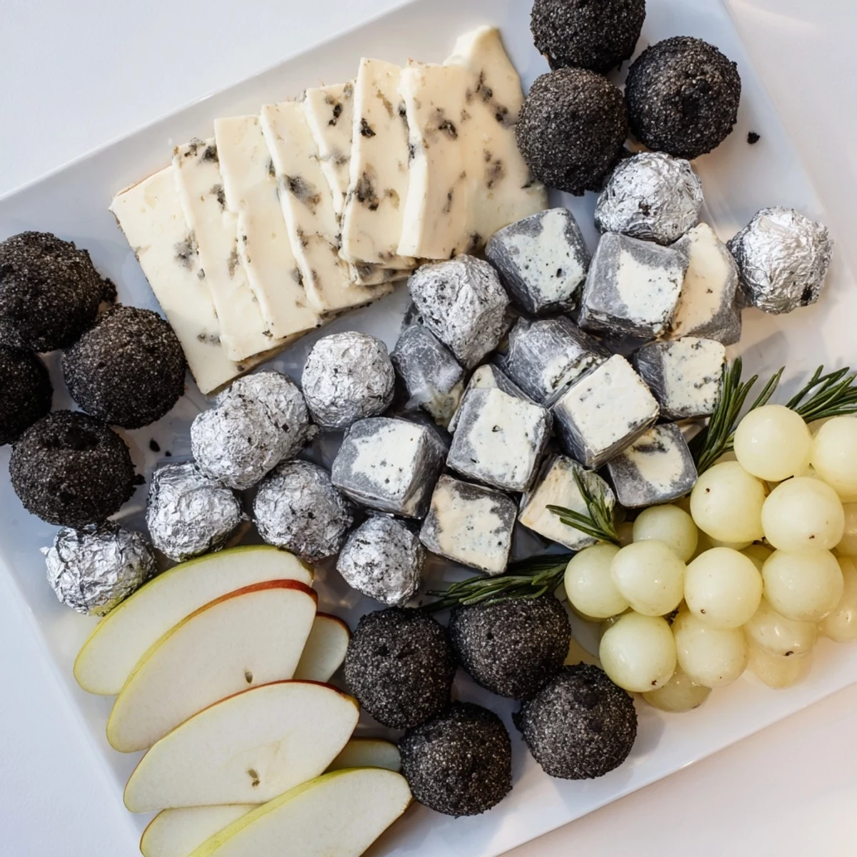 Elegant The Silver Screen cheese board features truffle brie, chocolates, and grapes, perfect for movie night.