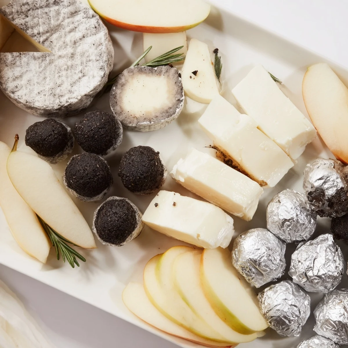 A beautifully arranged The Silver Screen cheese board, presenting ash-ripened cheese, pears, and shimmering chocolates.