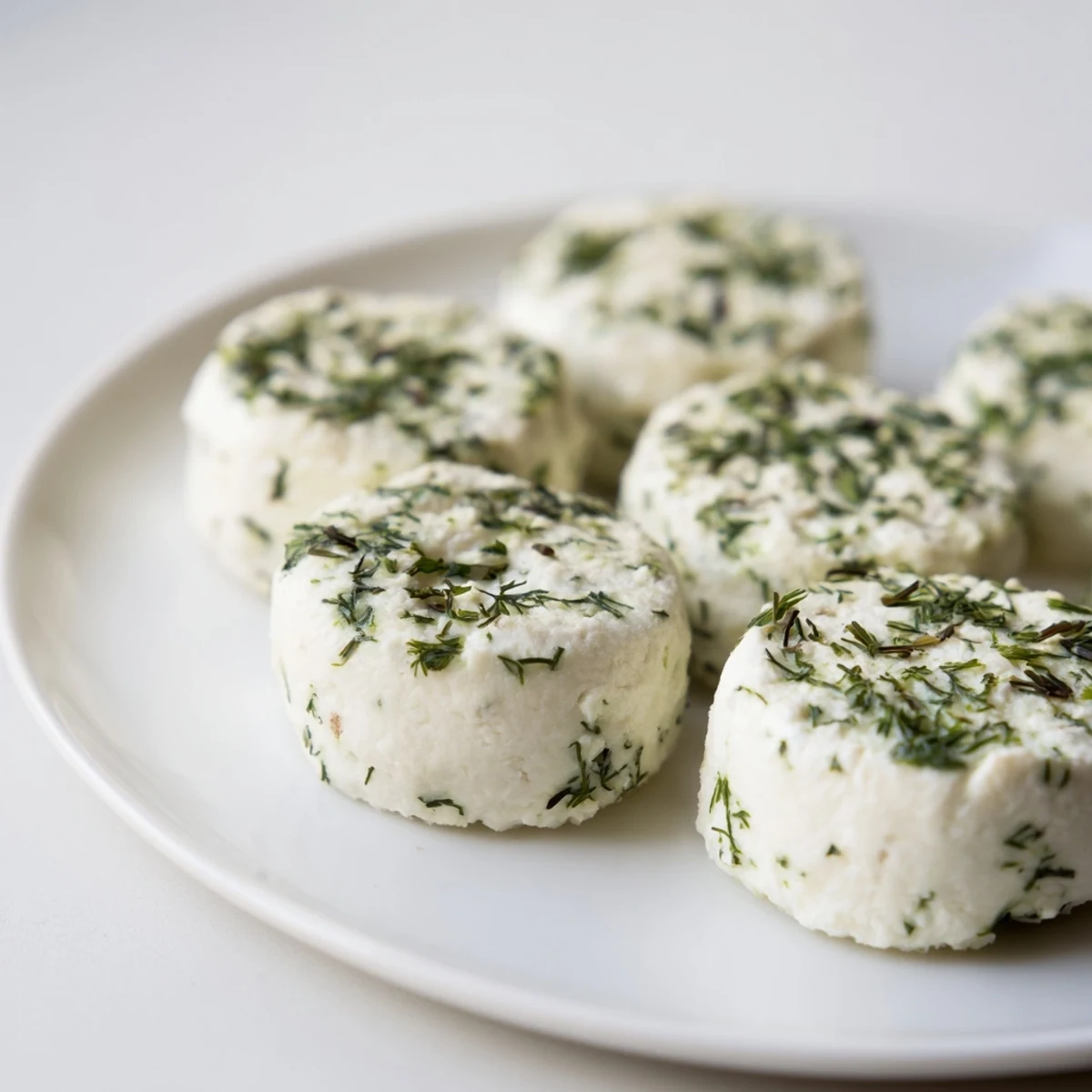 Delicate goat cheese "Mossy Stone" appetizers, rolled in herbs, ready for a cheese plate.