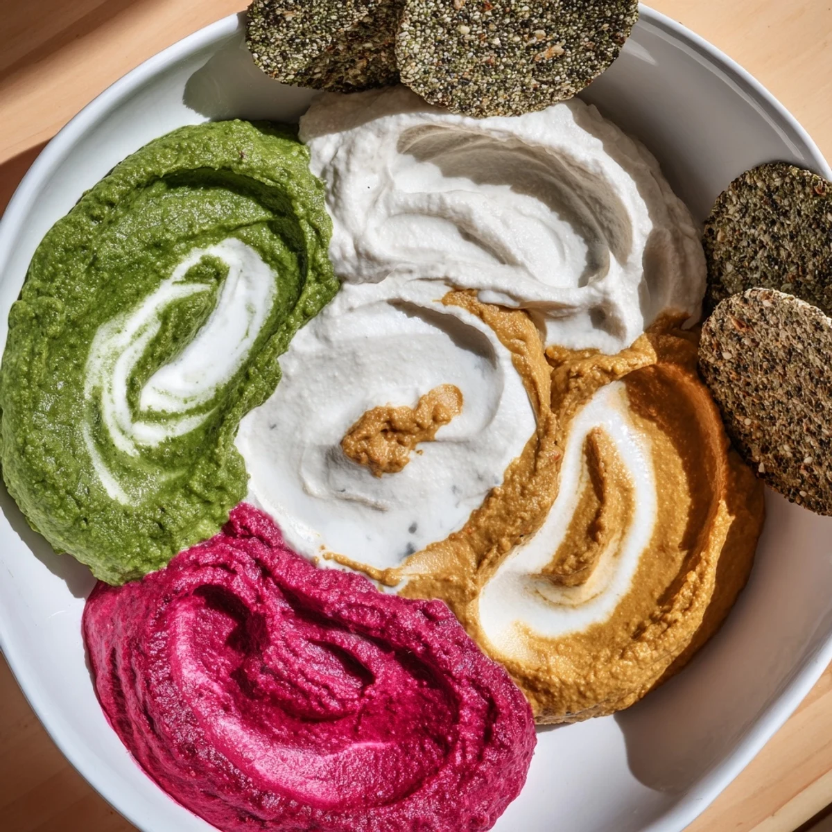 The enticing Marble Swirl appetizer boasts colorful dips and a lovely swirling technique, ready to serve.