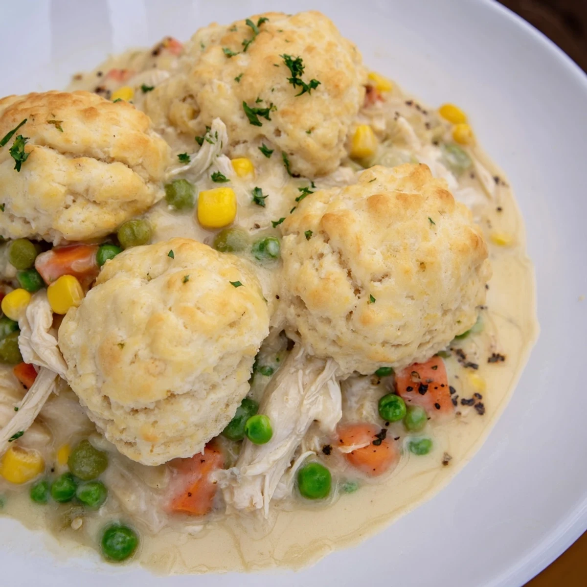 A close-up of a Chicken Cobbler with Red Lobster Mix, steaming hot from the oven, ready to serve.