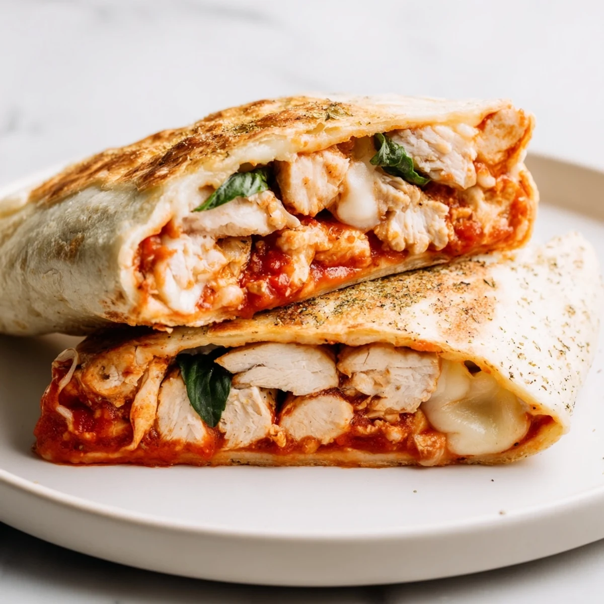 Golden, crisp tortilla pizza wrap with chicken, marinara sauce and melted cheese; a quick, satisfying lunch.