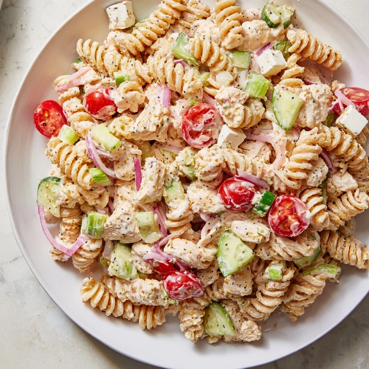 This vibrant bowl of Everything Bagel Chicken Pasta Salad features a mix of textures and savory flavors.