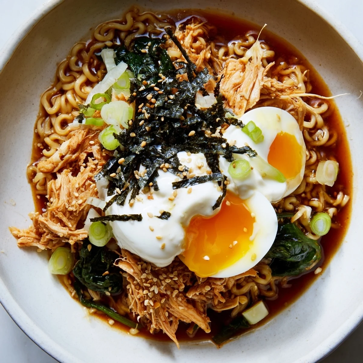 Steaming bowl of Chicken Ramen with Kewpie Mayo, topped with soft egg and scallions, delicious and comforting.