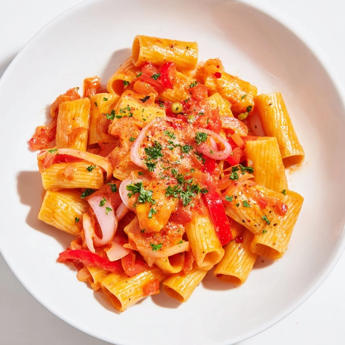 Steaming one-pot Diavola spicy pasta with vibrant red bell peppers and rich tomato sauce on display.