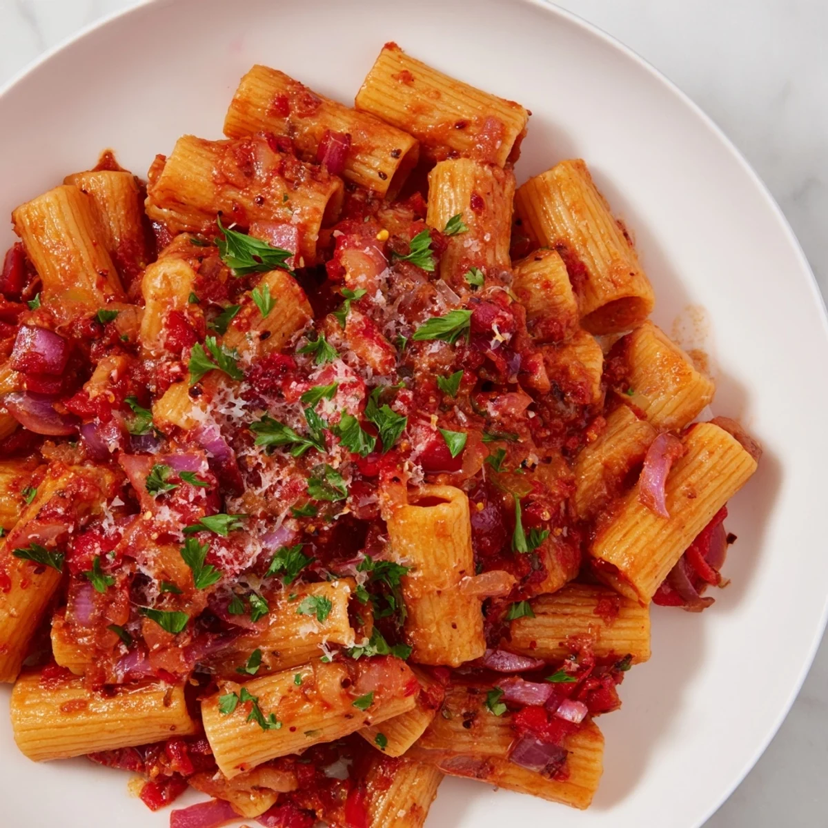 A close-up of the flavorful one-pot Diavola spicy pasta, sprinkled with fresh herbs and Parmesan.