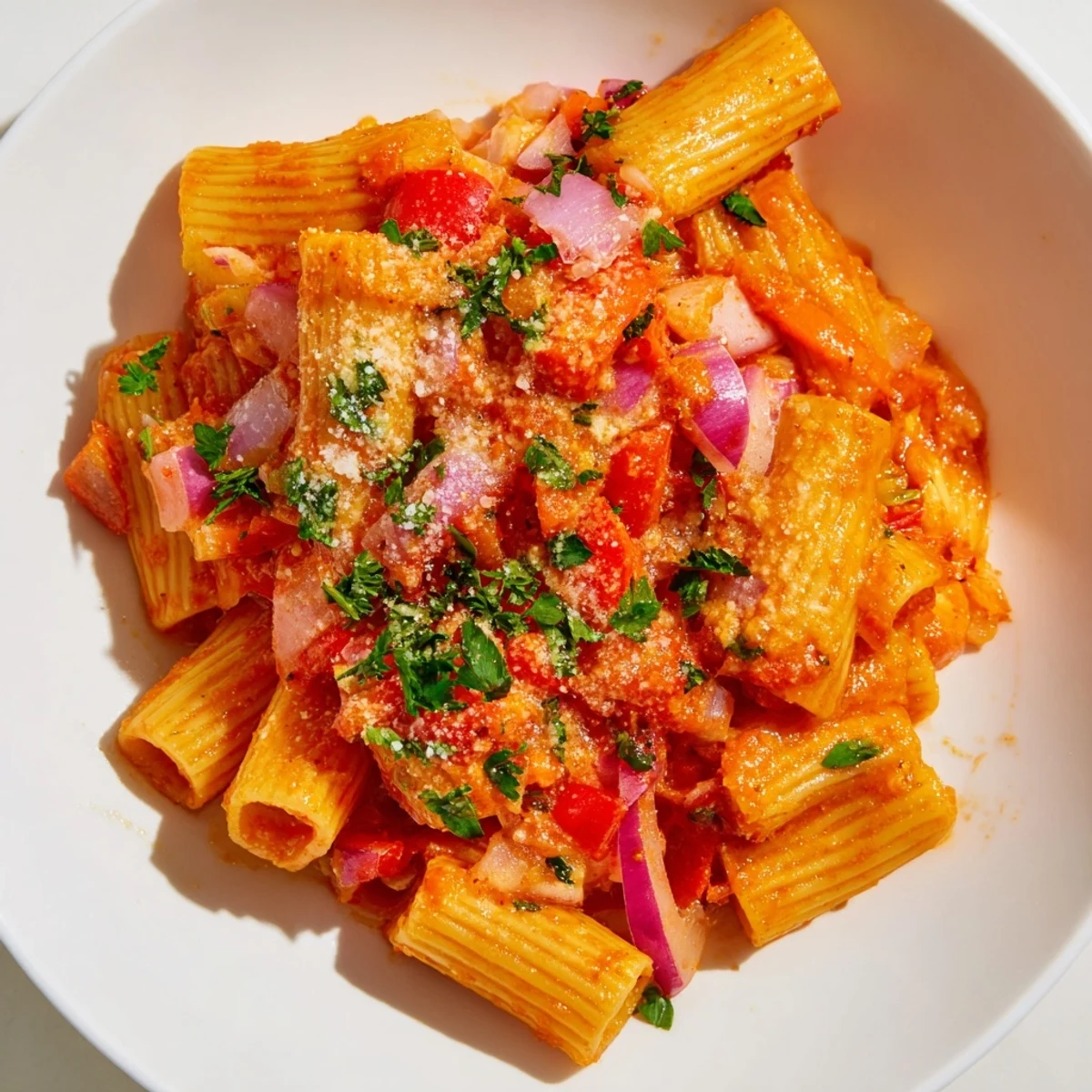 Delicious, al dente one-pot Diavola spicy pasta is ready to serve with a garnish of fresh basil.