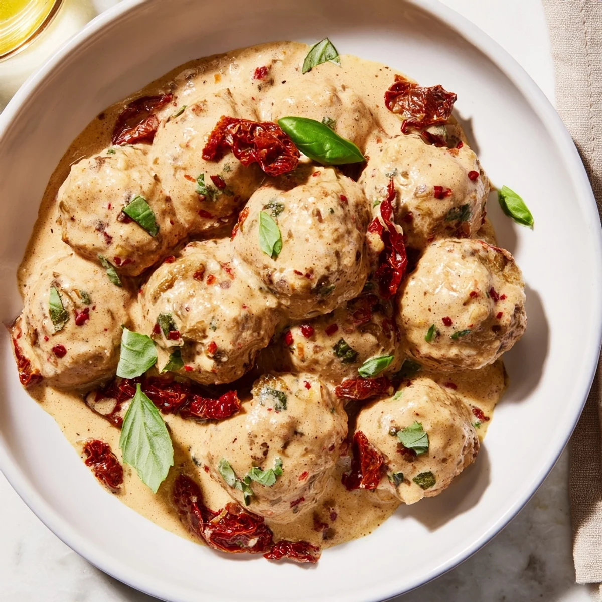 Creamy, rich Marry Me Chicken Meatballs, swimming in a vibrant sun-dried tomato sauce, ready to serve over pasta.