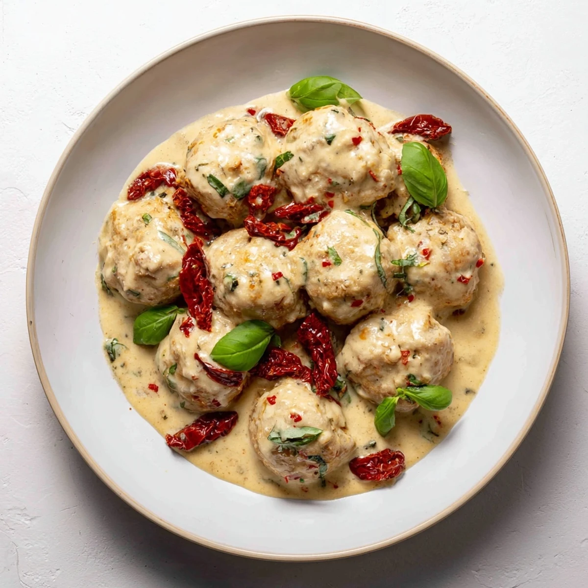 A close-up of tender Marry Me Chicken Meatballs, glistening with a creamy parmesan sauce, a perfect dinner.