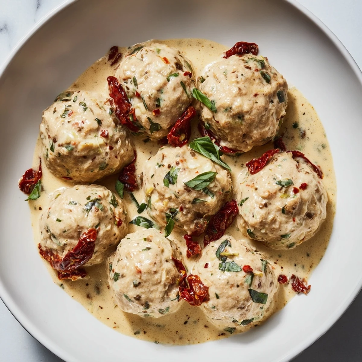 Golden-brown Marry Me Chicken Meatballs simmering in a flavorful skillet, promising a delicious Italian meal.