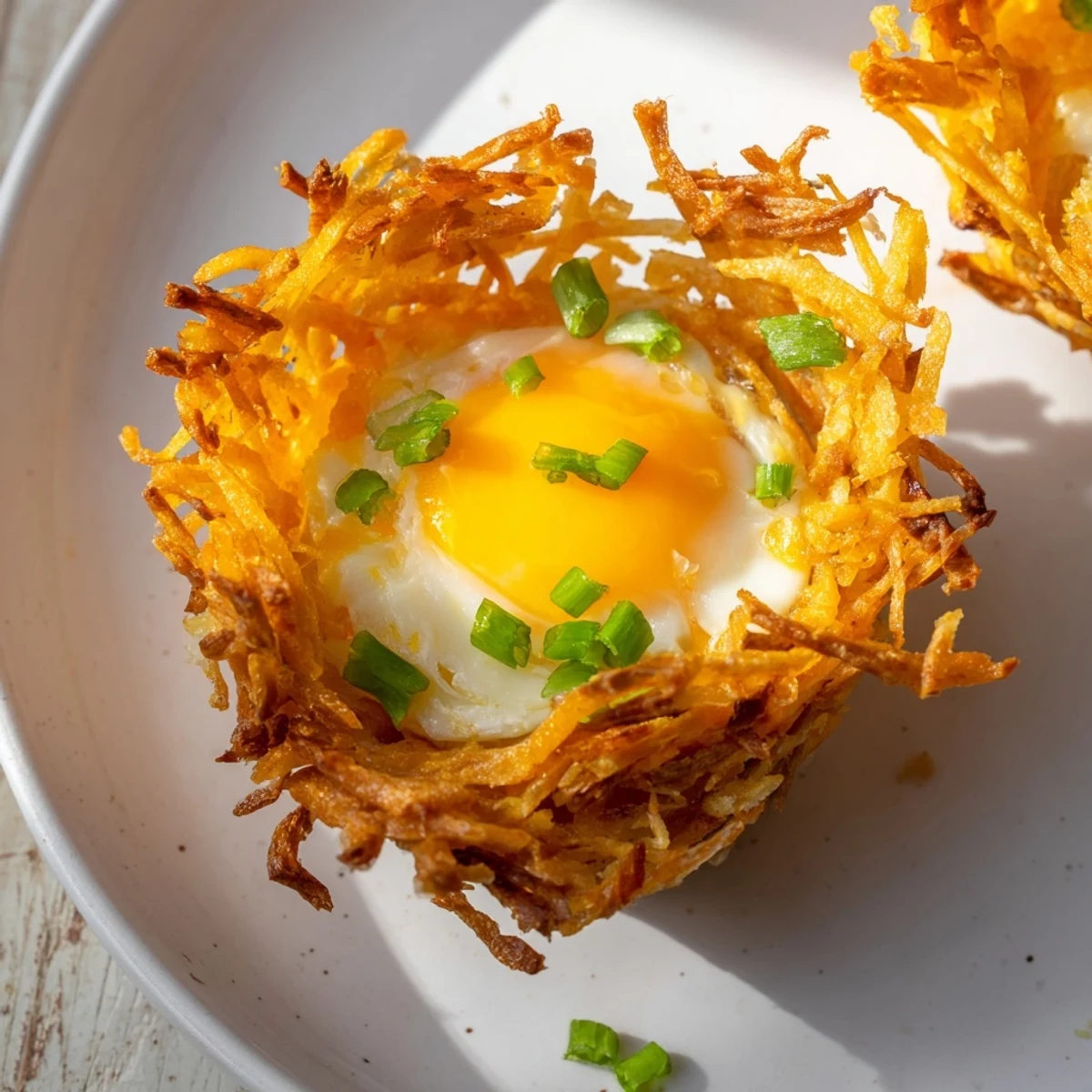 Golden, crispy Crispy Hashbrown Egg Nests overflowing with melted cheese and a perfectly cooked egg.