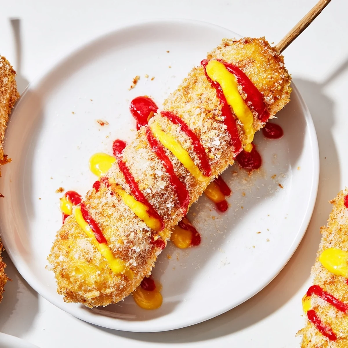 Golden and crispy Korean-inspired corn dogs, perfectly fried and ready to enjoy with condiments.
