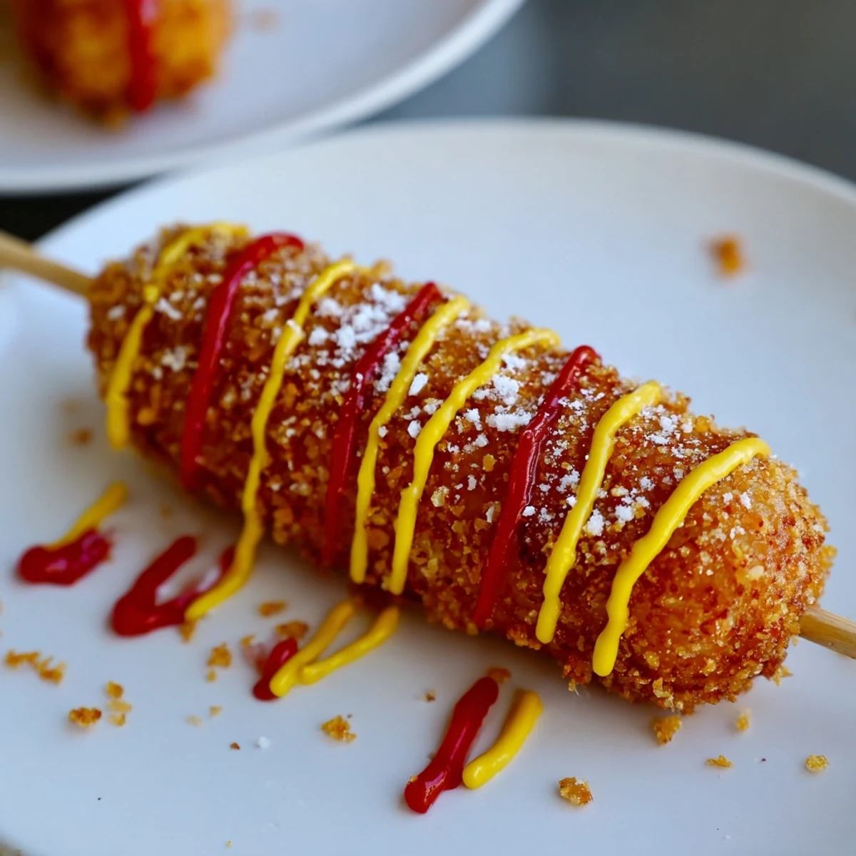 A close-up of Korean corn dogs, coated in a sweet batter, perfect for a fun snack.